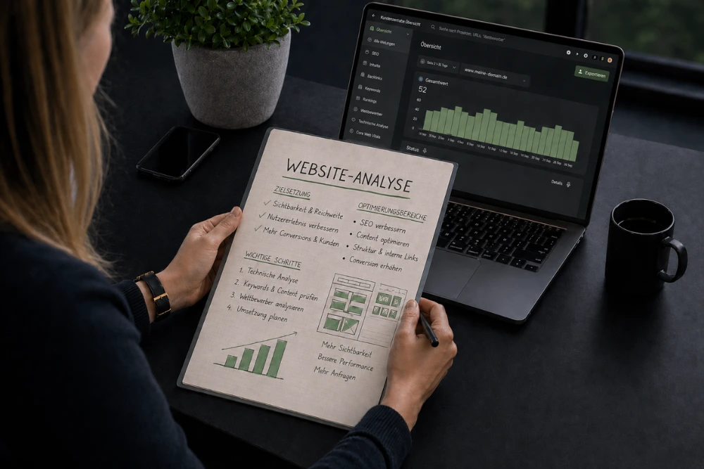 Website-Analyse mit Auswertung von Struktur, Inhalten und Performance am Laptop