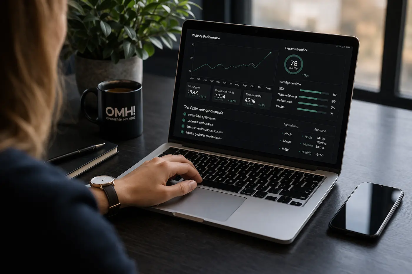 Website-Analyse am Laptop mit Auswertung von Daten, Struktur und Performance